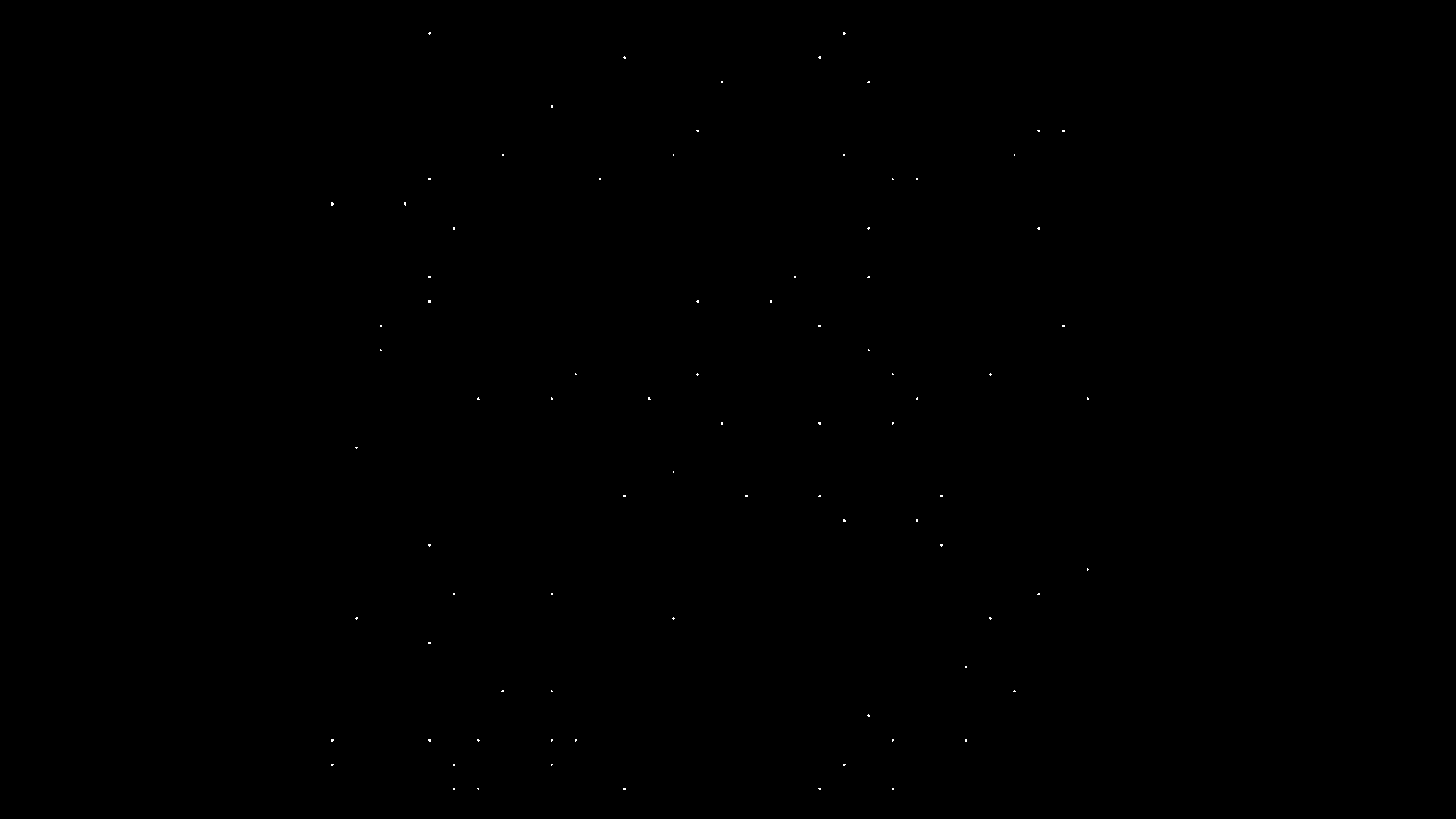 An example of the first galaxy generator. A 2D view of a grid containing several dots. Each dot represents a star in this 'blocky' representation of a galaxy.