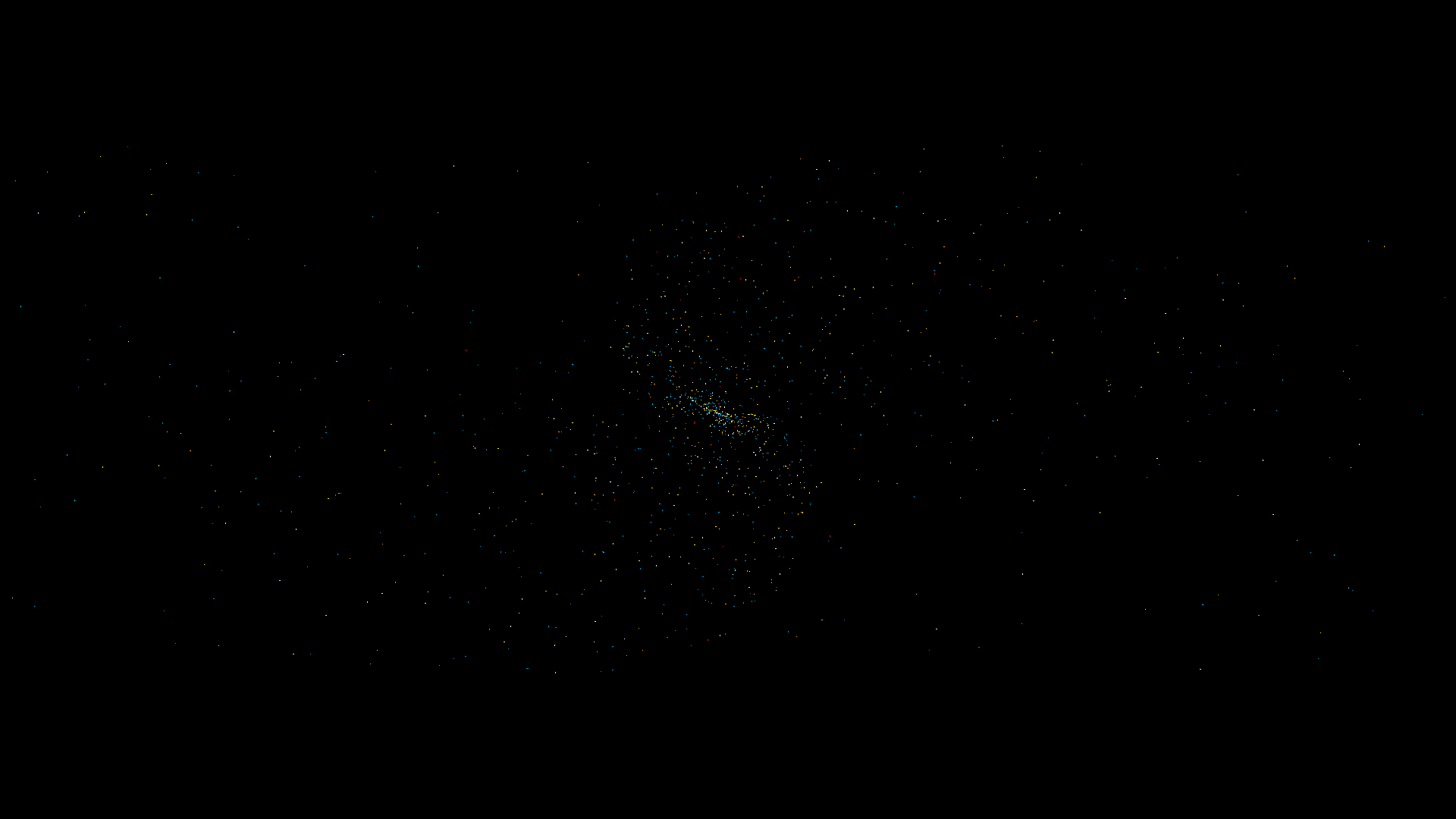 An example of the current galaxy generator. A 2D view of a distant galaxy, made up of tiny multi-colored dots. The dots are more dense in the middle as they spread out further in the spiral.